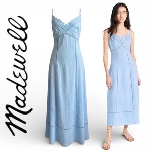 Madewell Midi Dress For Women Blue Linen Blend Ladder Trim Size 14 NWT